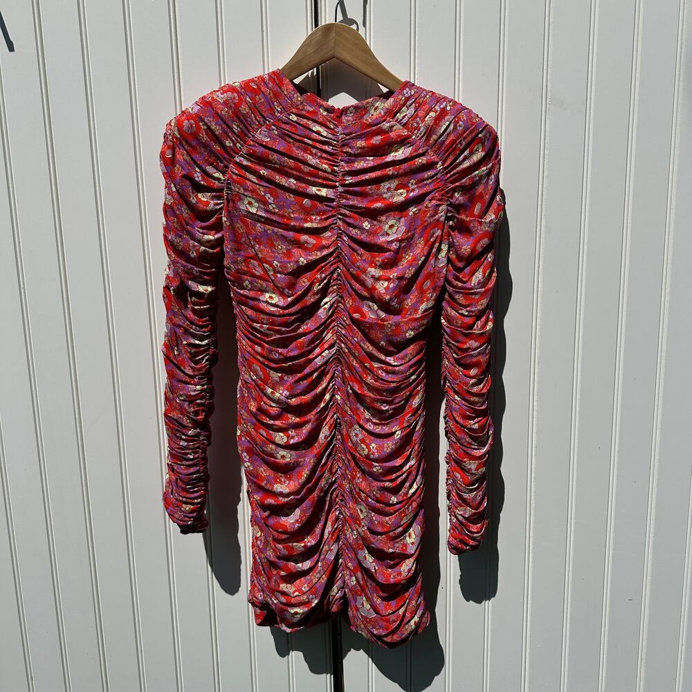 Rohe Sadie Long Sleeve Retro Floral Ruched Mini Dress Red Multi Size 34 FR 2 US